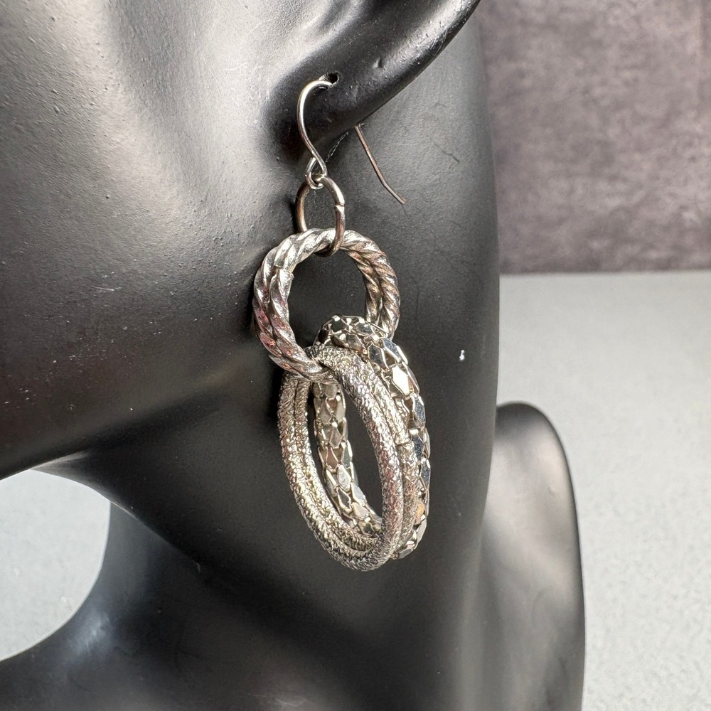 Silver Tone Textured Multi Hoop Drop Earrings Interlocking Statement Dangle